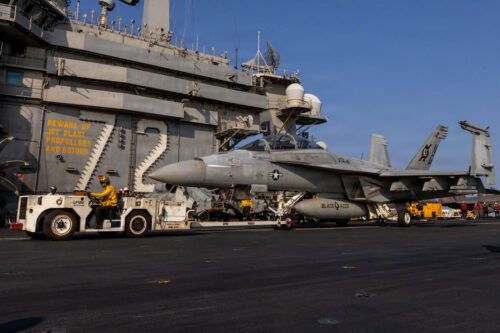 AT SEA - MARCH 06: (EDITOR’S NOTE: This Handout image was provided by a third-party organization and may not adhere to Getty Images’ editorial policy.) In this handout photo provided by the U.S. Navy, An F/A-18F Super Hornet, attached to Strike Fighter Squadron (VFA) 41, is taxied on the flight deck of Nimitz-class aircraft carrier USS Abraham Lincoln (CVN 72) in support of Operation Epic Fury on March 6, 2026 in the Mediterranean Sea. Abraham Lincoln is deployed to the U.S. 5th Fleet area of operations to support maritime security and stability in the Middle East. (Photo by U.S. Navy via Getty Images)